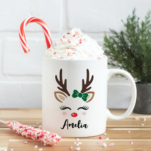 Girly Reindeer Personlig Ansikte Namn jul Kaffemugg