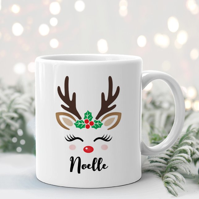 Girly Reindeer Personlig Ansikte Namn jul Kaffemugg (Skapare uppladdad)