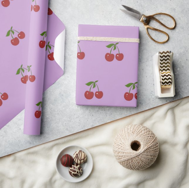 Girly Retro Pastel Purple Red Cherry Fruit Pattern Presentpapper (Hantverk)