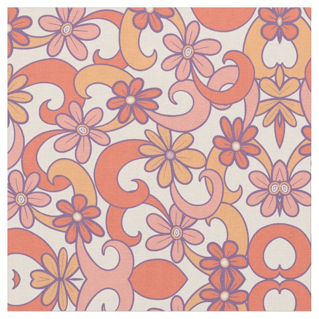 Girly Retro Rosa Orange Groovy Flowers Tyg (Närbild)