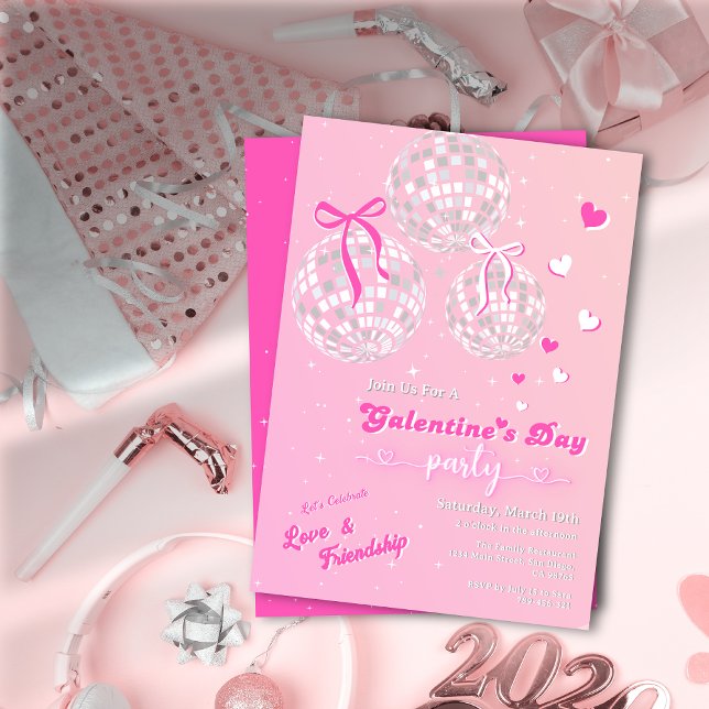 Girly Retro Rosa Silver Disco Boll Galentine's Day Inbjudningar (Girly Retro Pink Silver Disco Ball Galentine's Day Invitation)