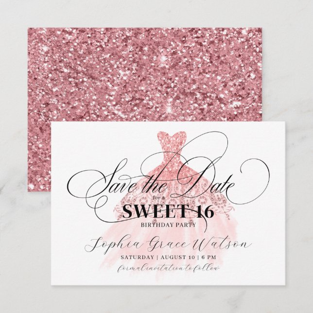 Girly Ro Glitter Dress Sweet 16 Birthday Spara Datumet (Fram/baksida)