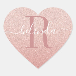 Girly Ro Glitter Guld  Rosa Monogram Namn Hjärtformat Klistermärke