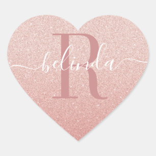 Girly Ro Glitter Guld  Rosa Monogram Namn Hjärtformat Klistermärke