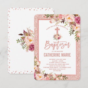 Girly Ro Guld Blommigt Baptism Flicka Inbjudningar