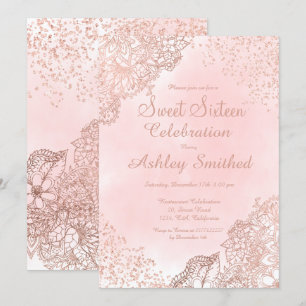 Girly ro guld blommigt glitter conetti Sweet 16 Inbjudningar