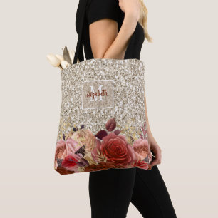 Girly Ro Guld Blommigt Monogram Light Guld Glitter Tygkasse