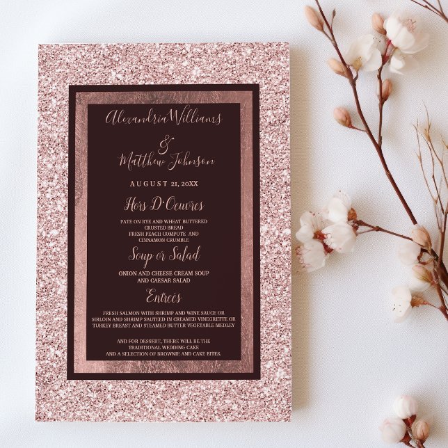Girly ro guld burgundy glitter Bröllop Menu Meny (Girly rose gold burgundy glitter Wedding Menu)