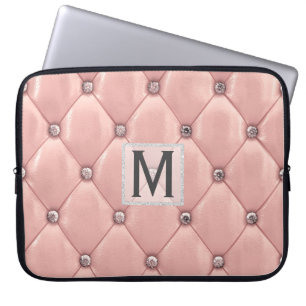 Girly Ro Guld Faux Leather Diamonds Monogrammed Laptop Fodral