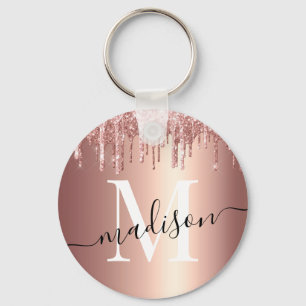 Girly Ro Guld Glitter Drip Foil Monogram Nyckelring