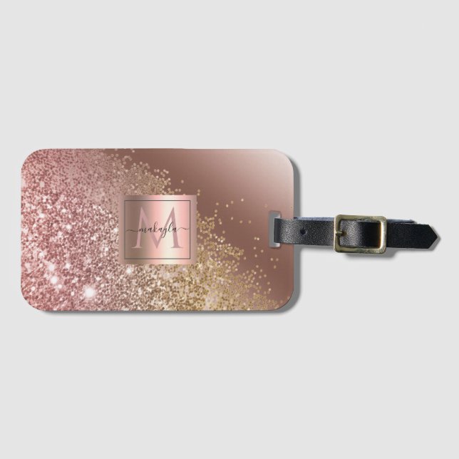Girly Ro Guld Glitter Namn Monogram Bagagebricka (Framsida horisontal)