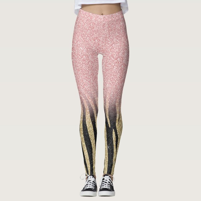 Girly Ro Guld Glitter Sparkles Black Zebra tryck Leggings (Framsida)