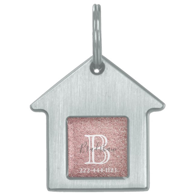 Girly Ro Guld Glitter Sparkles Monogram Namn ID-bricka Husdjur (Framsidan)