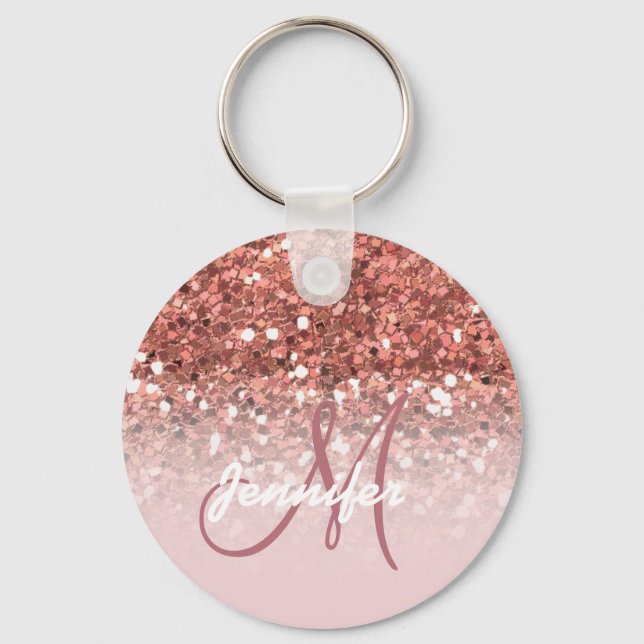 Girly Ro Guld Glitter Sparkles Monogram Namn Nyckelring (Framsida)