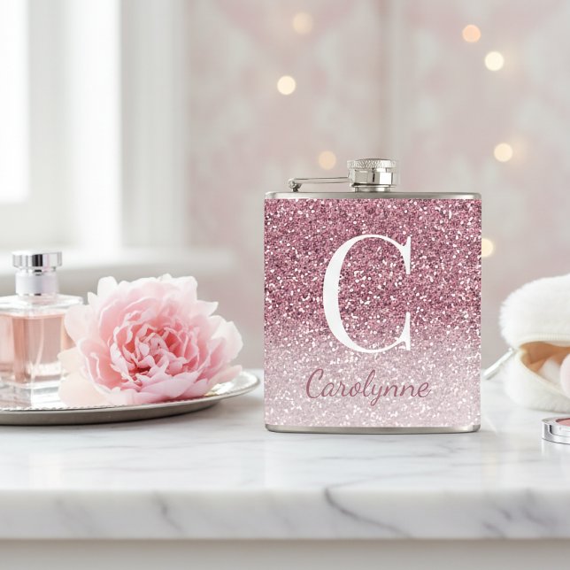 Girly Ro Guld Gnistra Ombre Glitter Monogram Fickplunta (Girly Rose Gold Sparkle Ombre Glitter Monogram Flask)