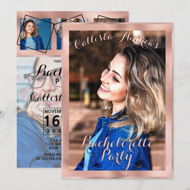 Girly Ro Guld Gräns Photo Collage Bachelorette Inbjudningar (Fram/baksida)