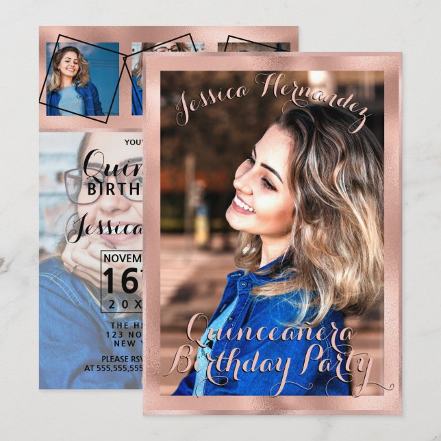 Girly Ro Guld Gräns Photo Collage Quinceañera Inbjudningar (Fram/baksida)