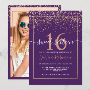 Girly ro guld konetti lila chic Sweet 16 Inbjudningar
