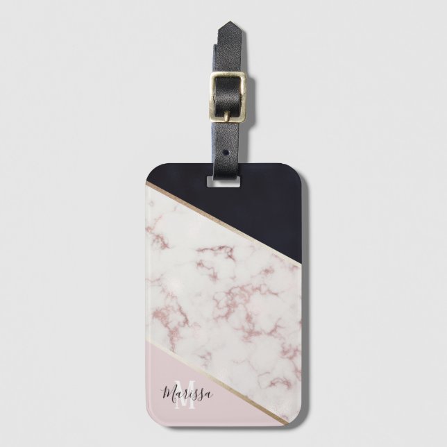 Girly Ro Guld Marble Abstrakt Monogram Bagagebricka (Framsida vertikal)