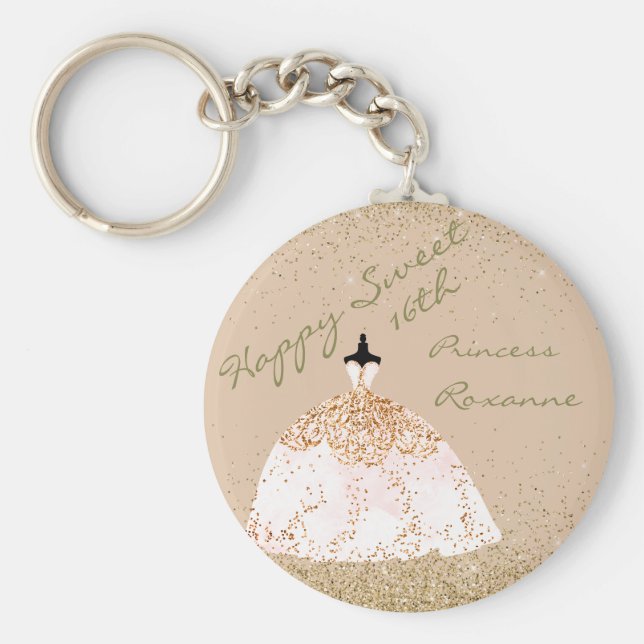 Girly Ro Guld Personlig Sweet 16:e födelsedagen Nyckelring (Framsidan)