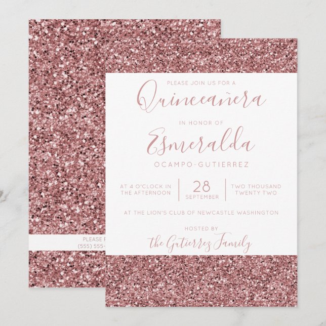 Girly Ro Guld Rosa Glitter Gnistra Quinceanera Inbjudningar (Fram/baksida)