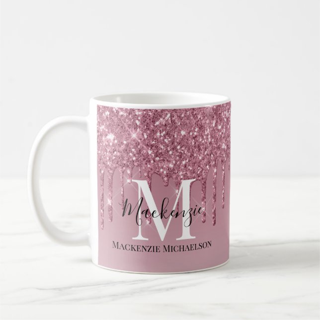 Girly Ro Guld Rosa Glitter Monogram Namn Kaffemugg (Vänster)