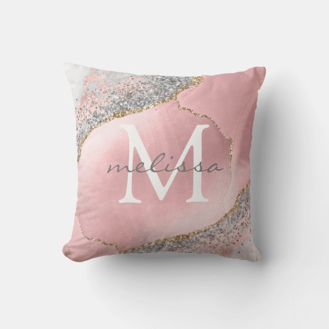 Girly Ro Guld  Rosa Glitter Monogram Namn Kudde (Framsida)