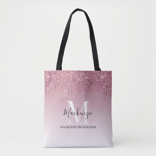 Girly Ro Guld Rosa Glitter Monogram Namn Tygkasse (Framsida)