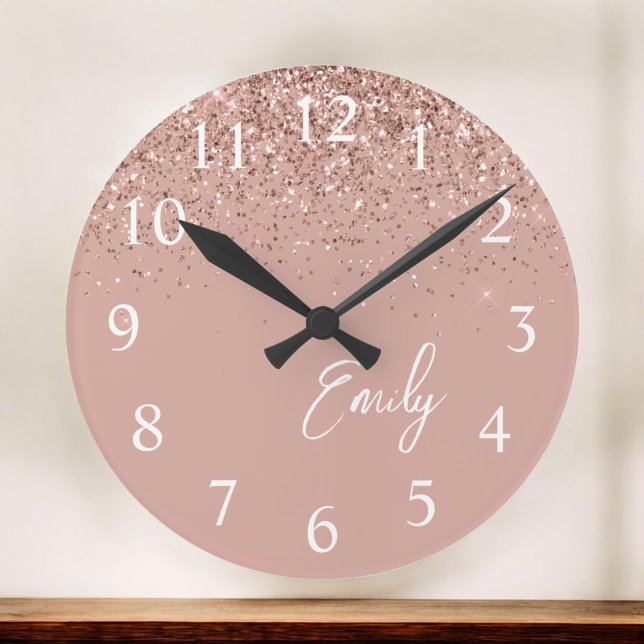 Girly Ro Guld  Rosa Glitter Monogram Rund Klocka (Skapare uppladdad)