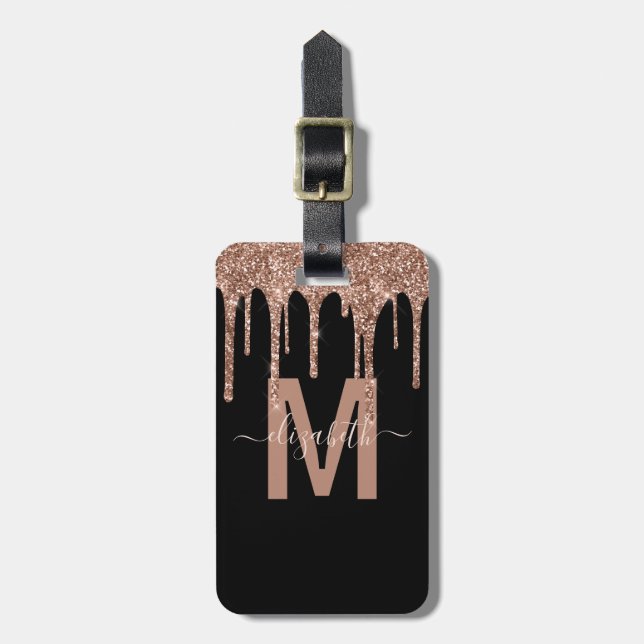Girly Ro Guld som kör Glitter Monogram Namn Bagagebricka (Vertikal Framsida)