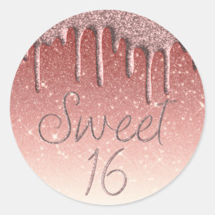 Girly Ro Guld Sweet 16 Birthday Glitter Drip Runt Klistermärke