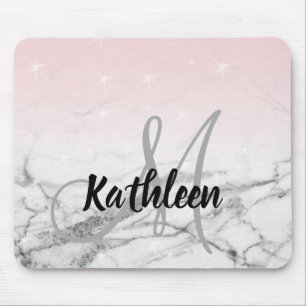 Girly Ro Rosa Grått Marble Monogram Namn Musmatta