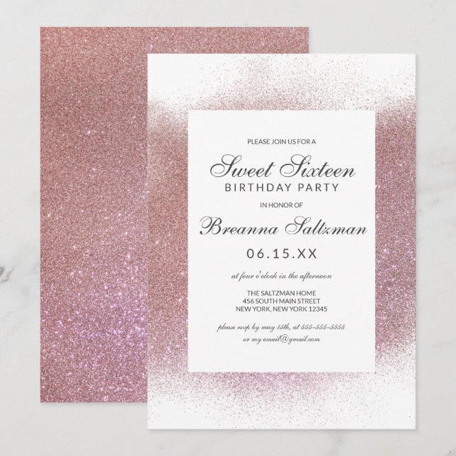 Girly Ro Rosa White Glitter Dust Gräns Sweet 16 Inbjudningar (Fram/baksida)