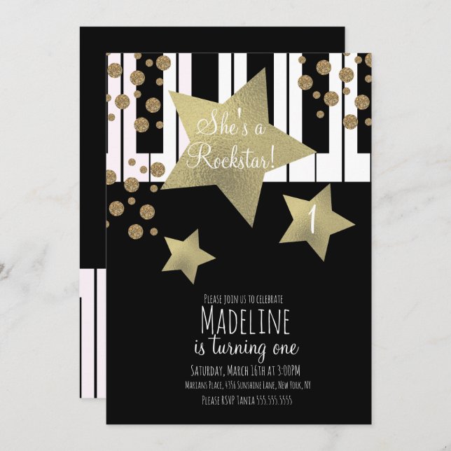 Girly Rockstar Guitar Faux Guld Star Piano Inbjudningar (Fram/baksida)