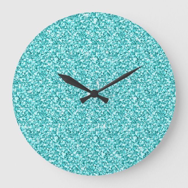 Girly, Roligt Aqua Blue Glitter tryckt Stor Klocka (Framsida)