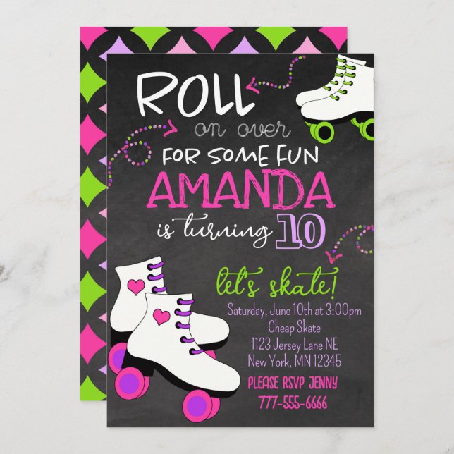 Girly Roller Skating Chalkboard Birthday Inbjudningar (Fram/baksida)