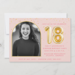 Girly Rosa 18:e födelsedagen Guld Balloon Confetti Inbjudningar