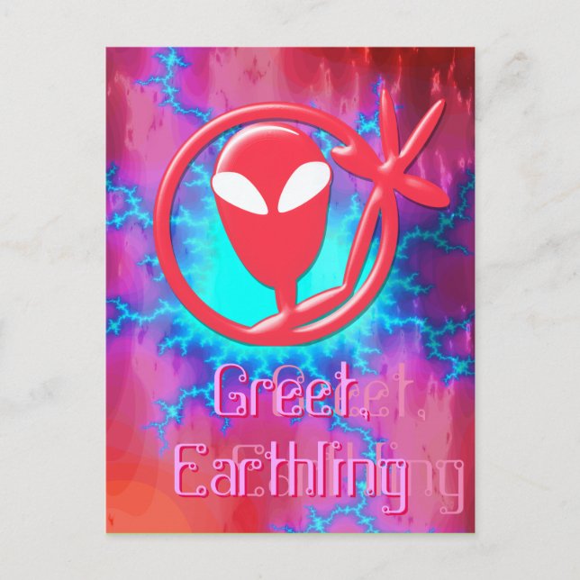 Girly Rosa Alien Hälsning Greet Earthling Fractal Vykort (Framsida)