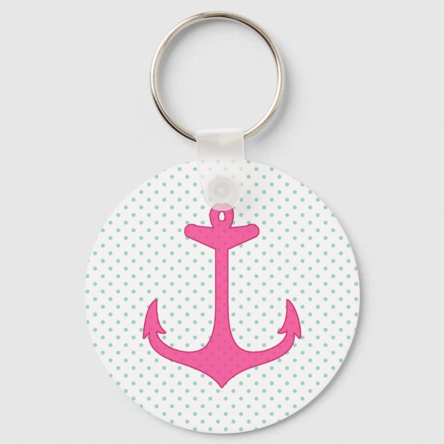 Girly Rosa Anchor Polka Dot Nautical Design Nyckelring (Framsida)