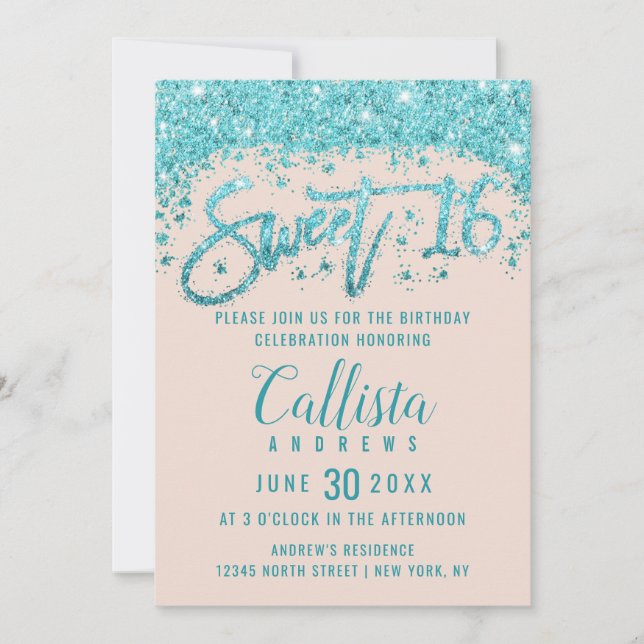 Girly  Rosa Aqua Blue Glitter Dust Sweet 16 Inbjudningar (Framsida)