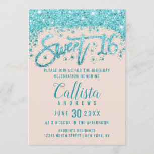 Girly Rosa Aqua Blue Glitter Dust Sweet 16 Inbjudningar