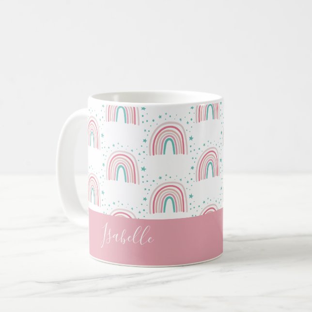 Girly rosa aqua rainbow script personlig modern mo kaffemugg (Framsida vänster)