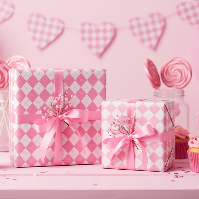 Girly Rosa Argyle Diamond Mönster Presentpapper (Girly Pink Argyle Diamond Pattern Gift Wrap for Girl Birthday. Cute Classic Wrapping Paper for Her.)