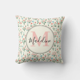 Girly Rosa Blåa blommor Mönster Elegant Monogram Kudde