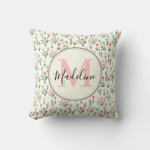 Girly Rosa Blåa blommor Mönster Elegant Monogram Kudde