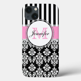 Girly Rosa Black Damask Stripe Monogrammad