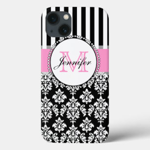 Girly Rosa Black Damask Stripe Monogrammad