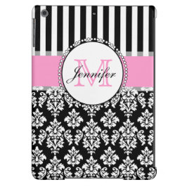 Girly Rosa Black Damask Stripe Monogrammad
