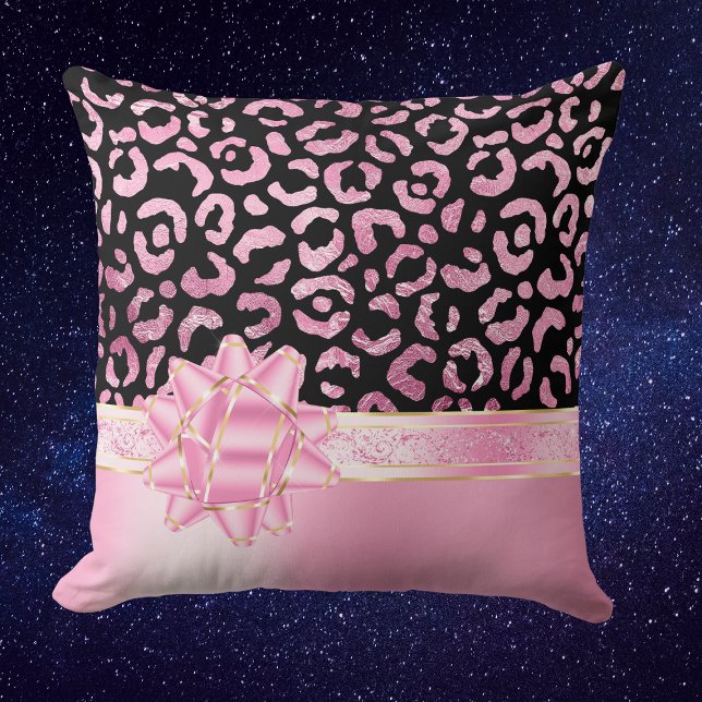 Girly Rosa Black Leopard & Rosa Bow Ribbon Kudde (Skapare uppladdad)