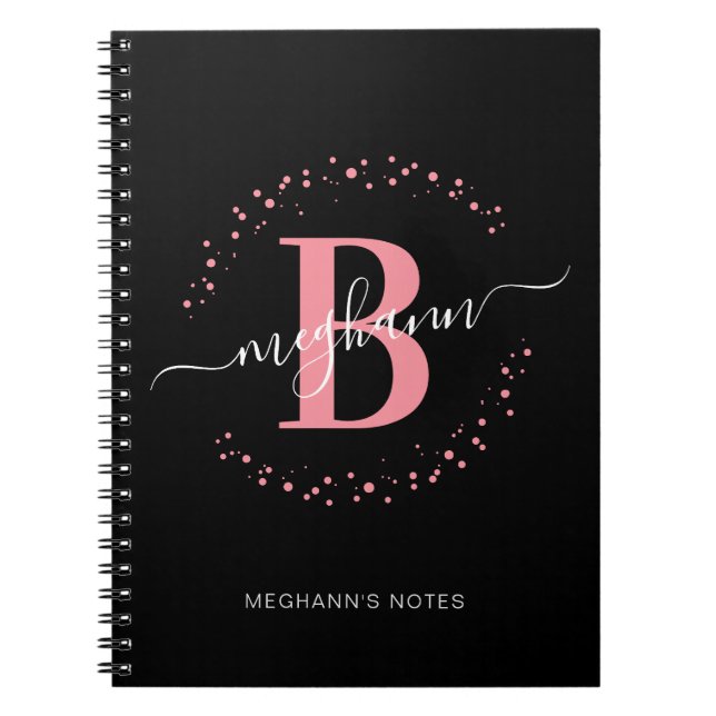 Girly Rosa Black Namn Script Monogram School-antec Anteckningsbok (Framsidan)